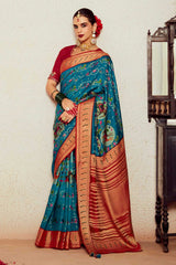 Teal Silk Brasso Print Saree