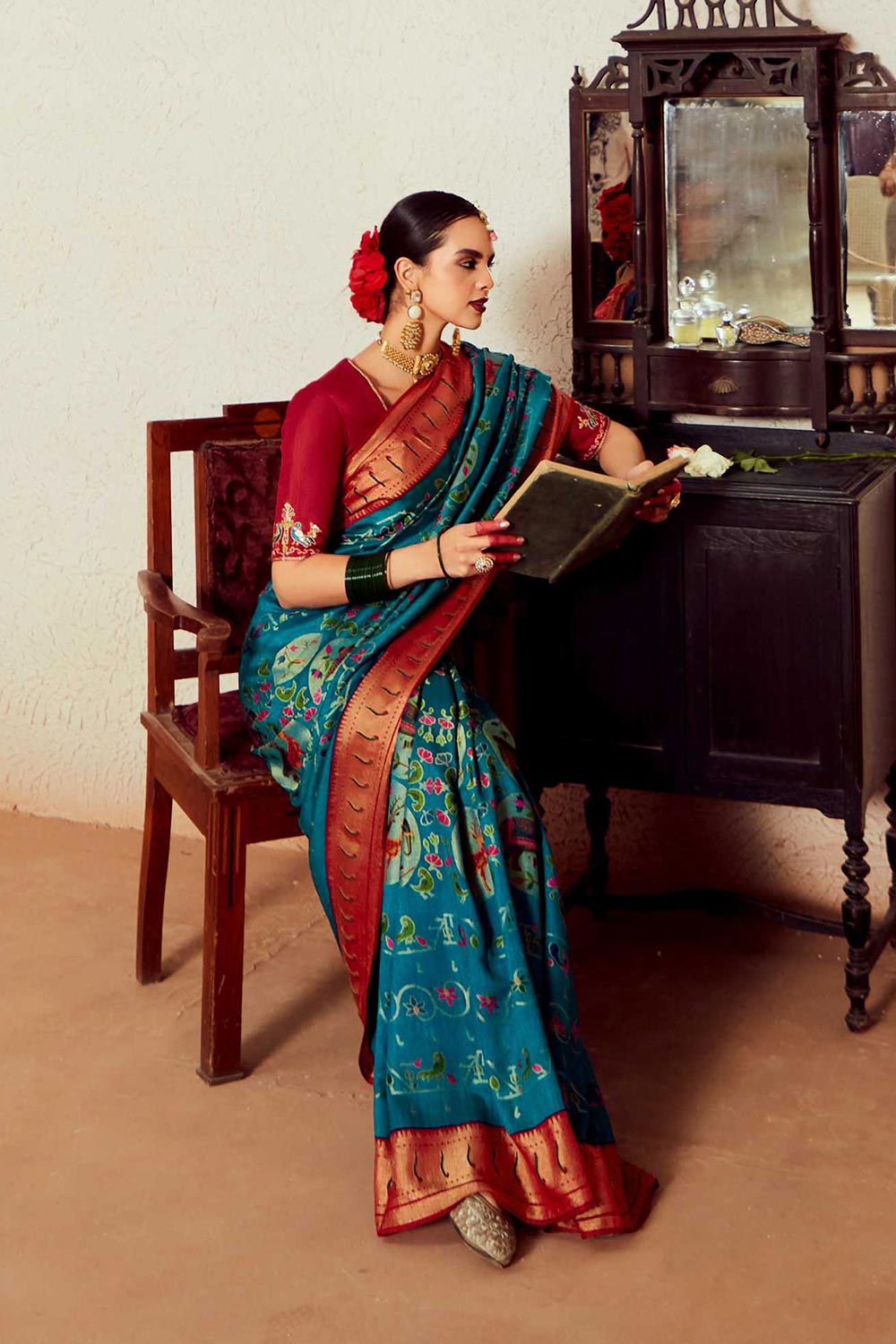 Teal Silk Brasso Print Saree