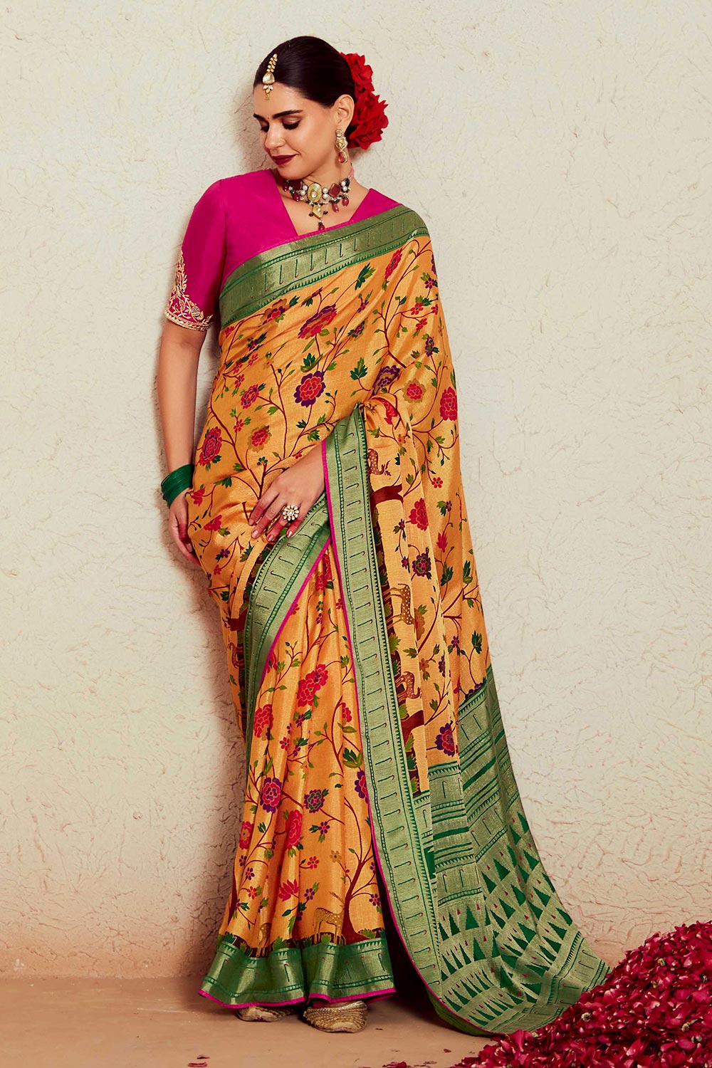 Yellow Silk Brasso Print Saree