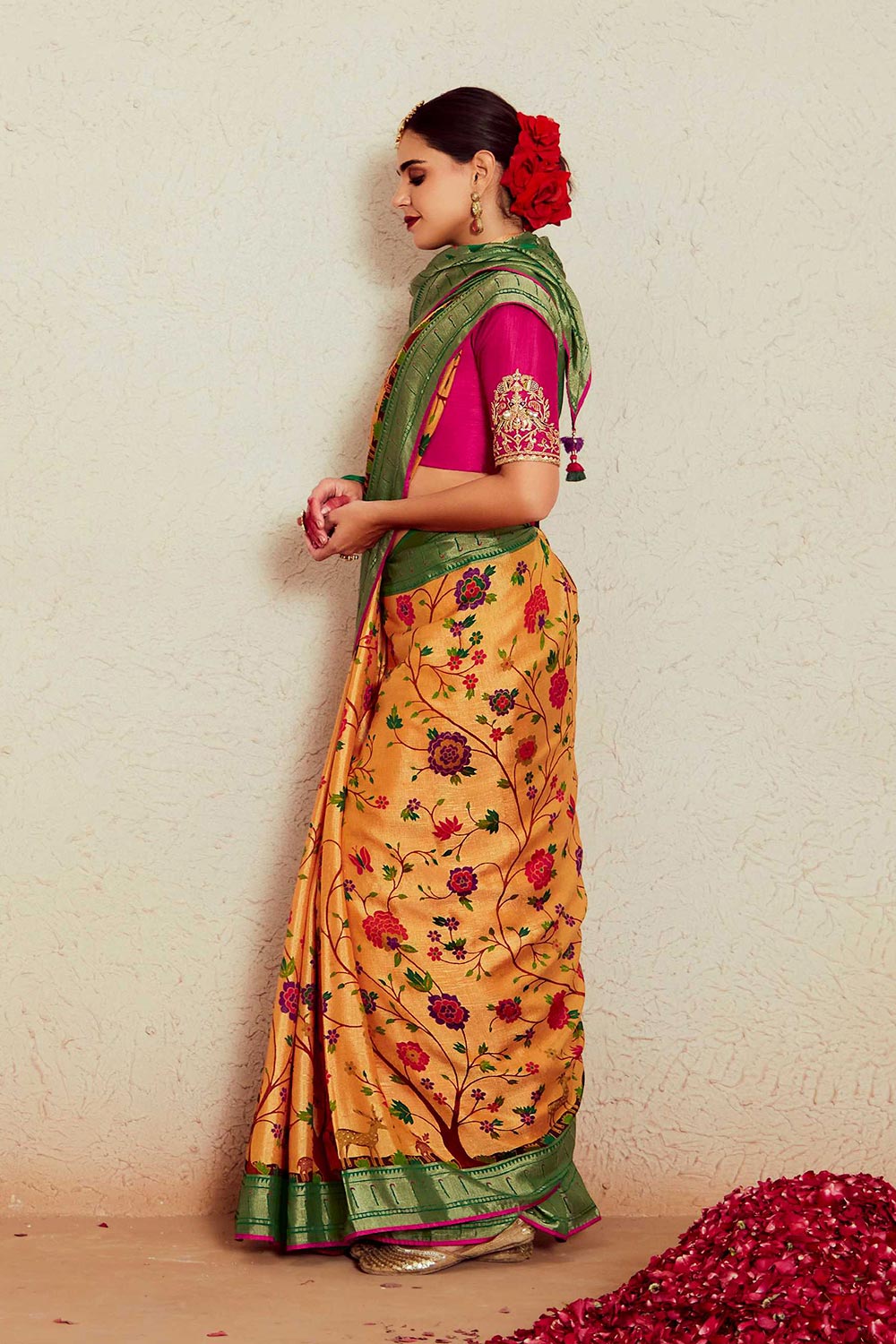 Yellow Silk Brasso Print Saree