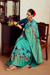 Cyan Silk Brasso Print Saree