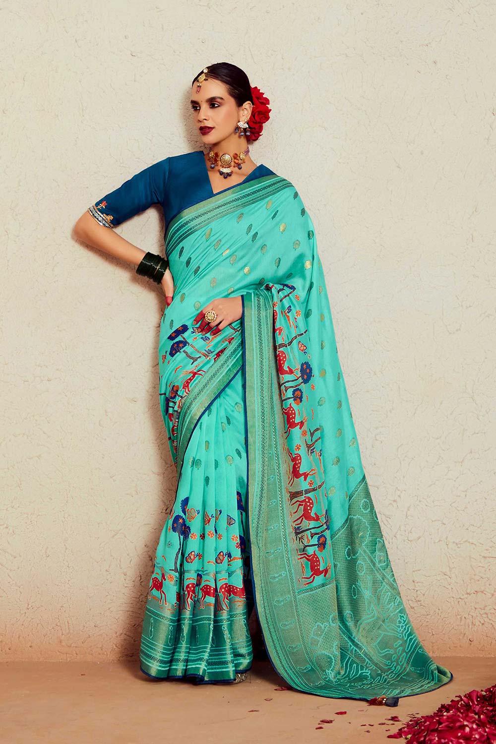 Cyan Silk Brasso Print Saree