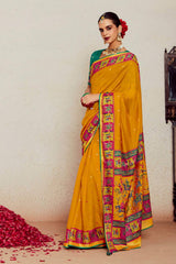 Yellow Silk Brasso Print Saree