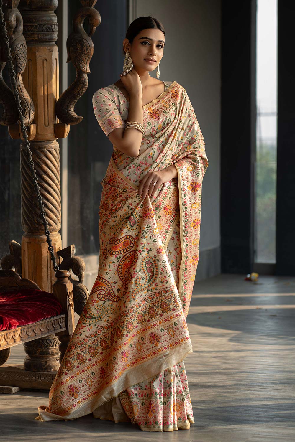 Beige Pashmina Floral Saree