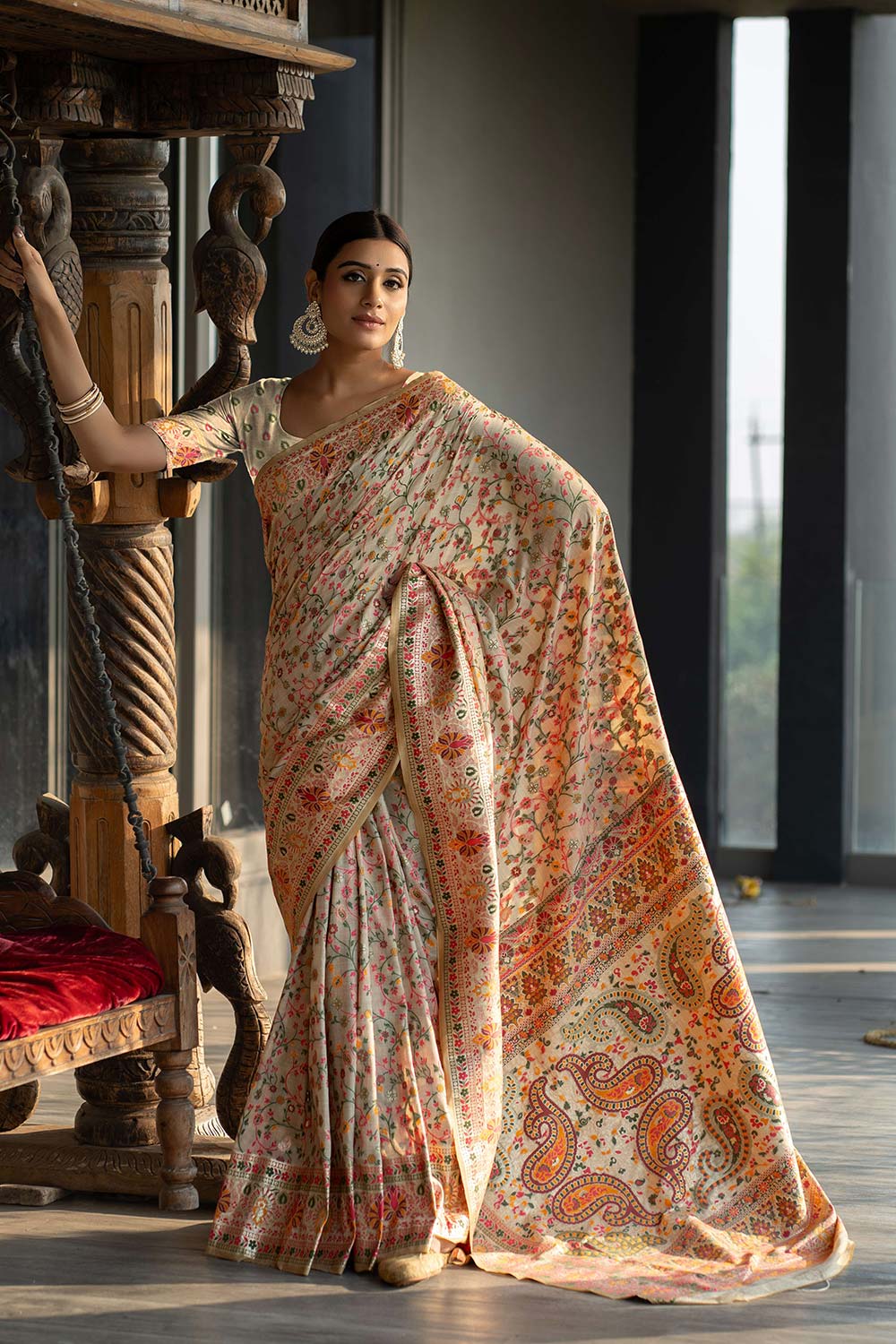 Beige Pashmina Floral Saree