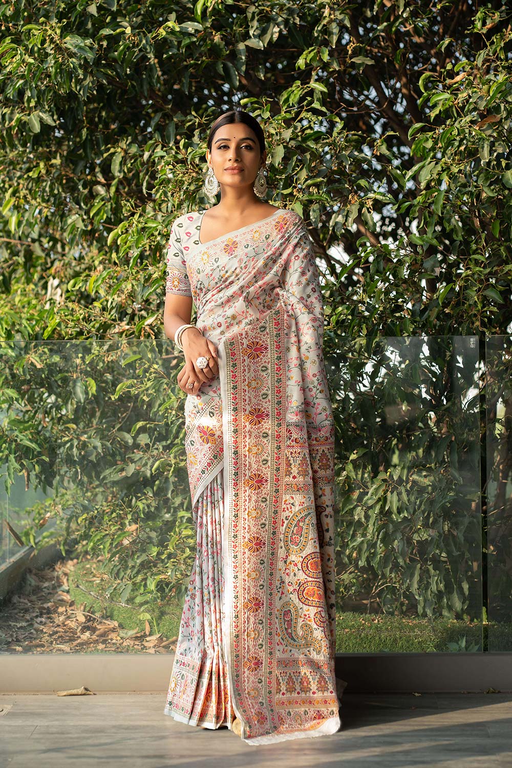 Off-White Pashmina Floral Saree