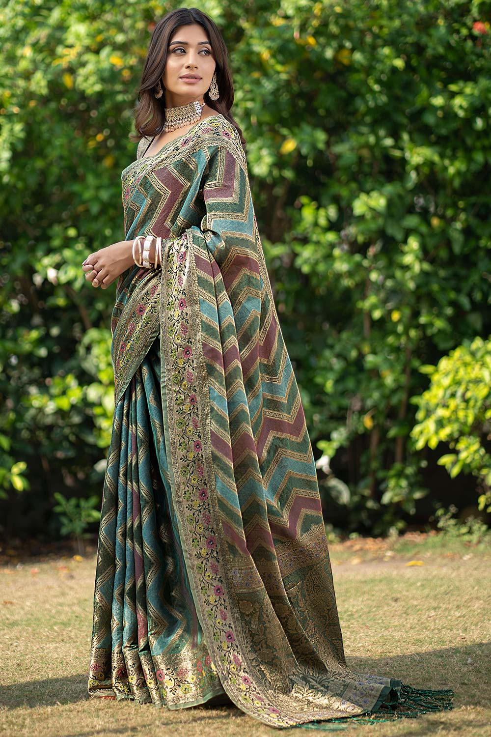 Green Organza Lehriya Saree