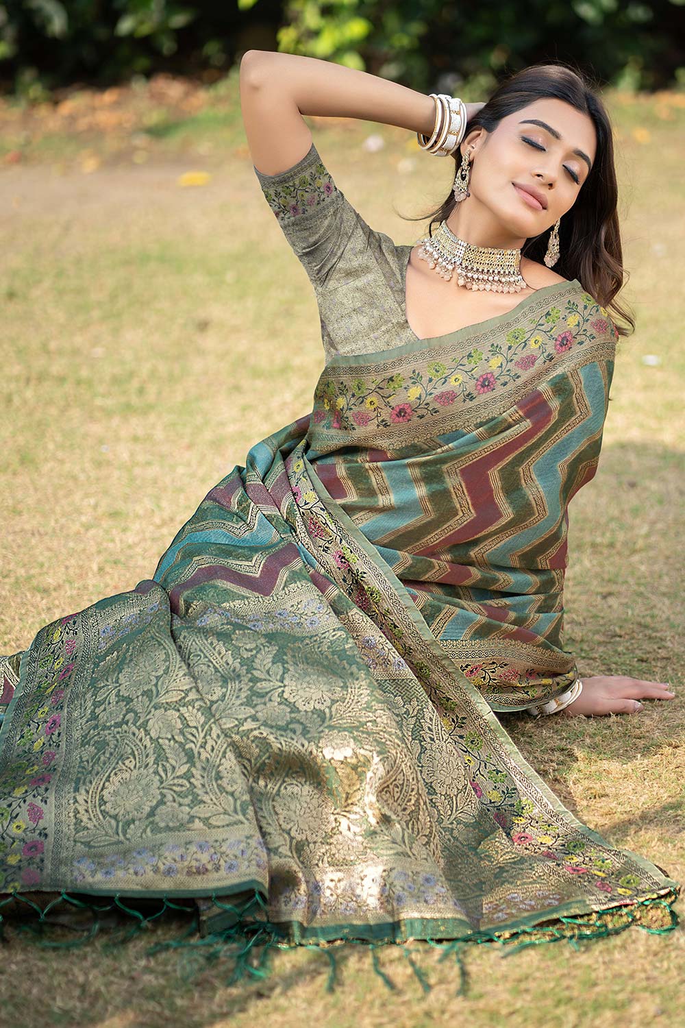 Green Organza Lehriya Saree