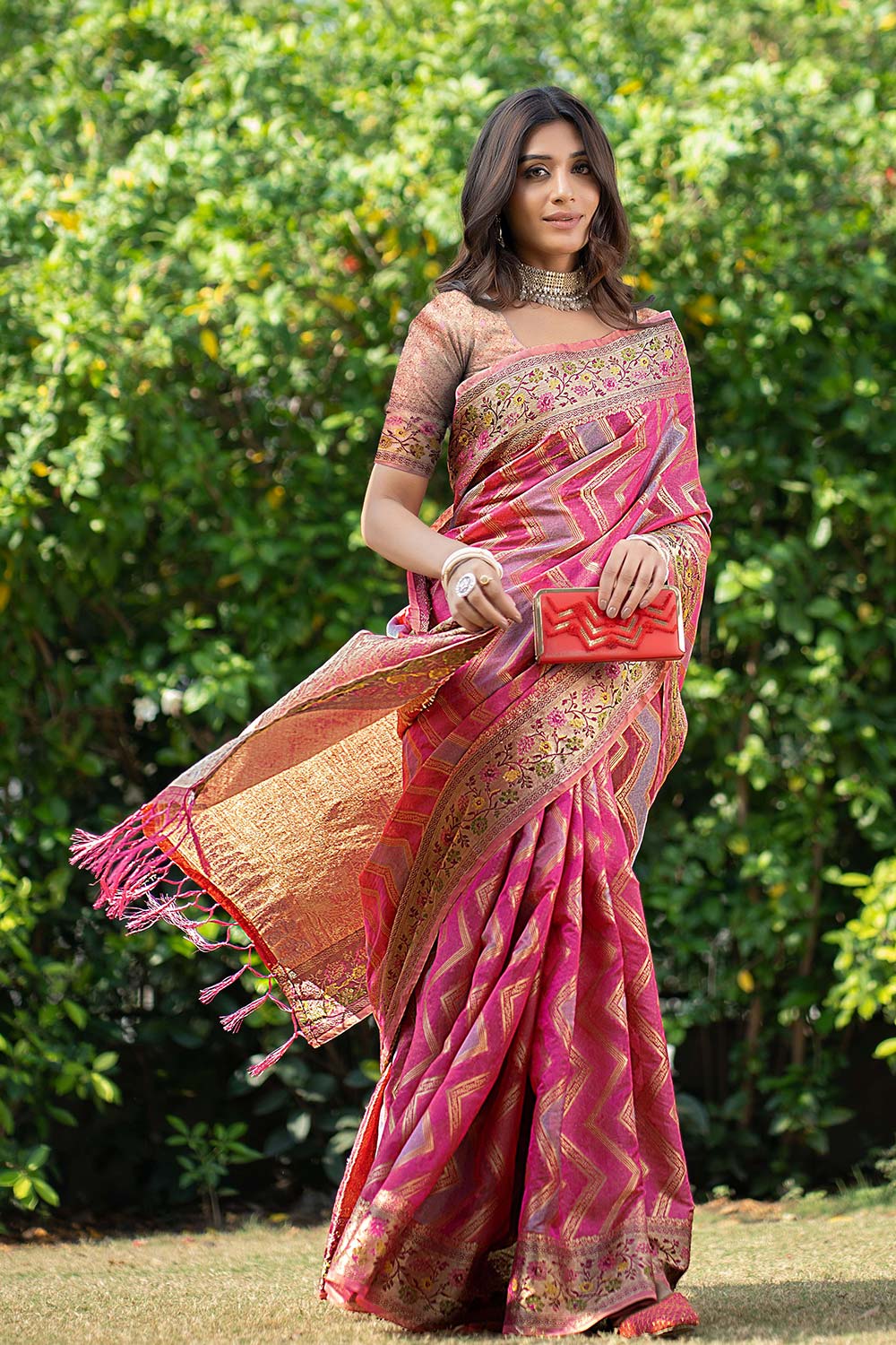 Pink Organza Lehriya Saree