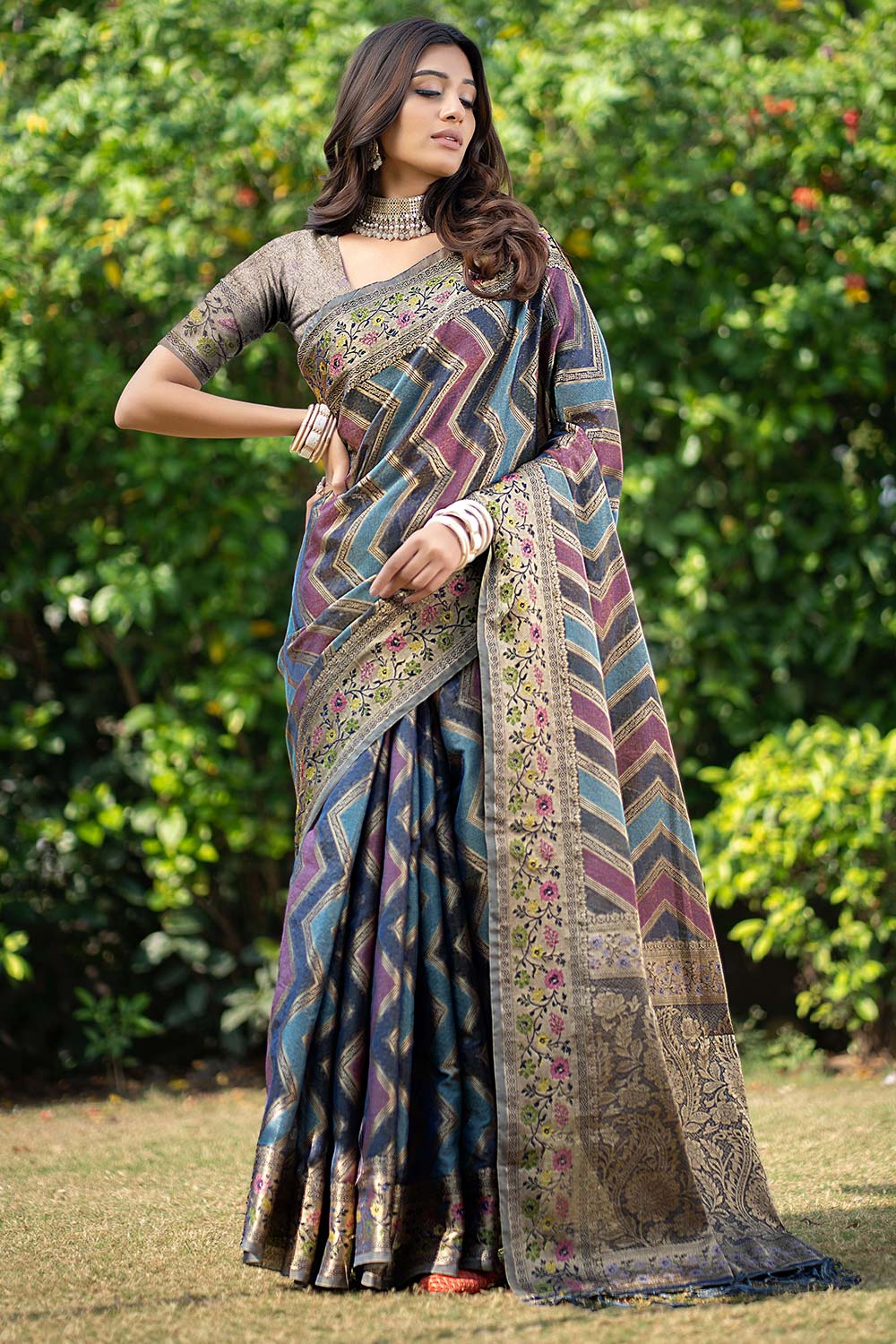 Teal Organza Lehriya Saree