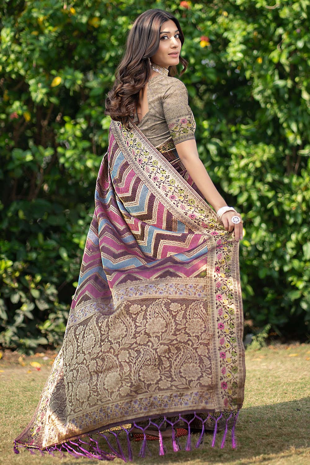 Wine Organza Lehriya Saree