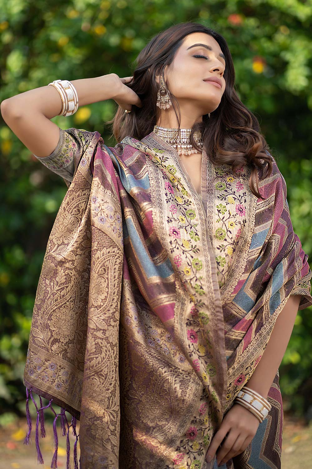 Wine Organza Lehriya Saree