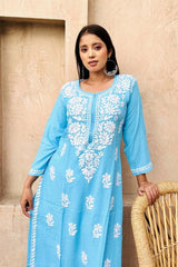 Premium rayon chikankari kurti in Sky blue