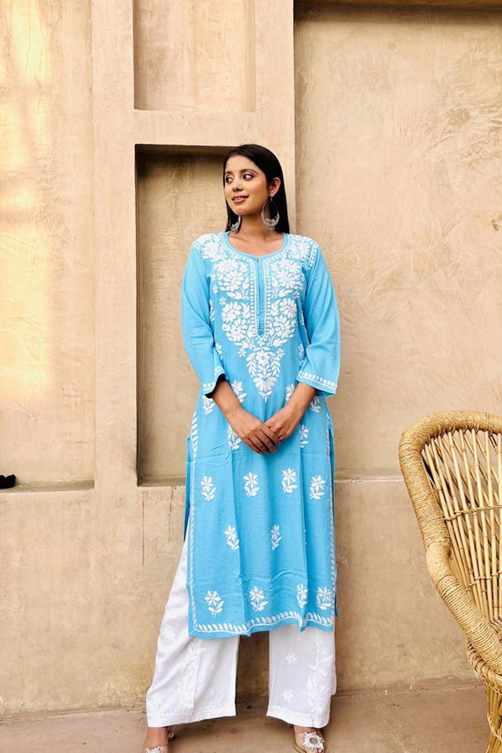 Premium rayon chikankari kurti in Sky blue