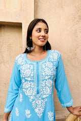 Premium rayon chikankari kurti in Sky blue