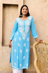 Premium rayon chikankari kurti in Sky blue