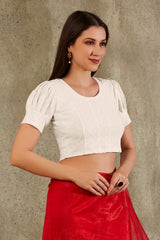 White Solid Lycra Short sleeve Blouse