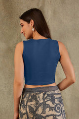 Blue Lycra Solid Sleeveless Blouse