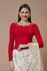 Red Wool Embroidered Round Neck Full Sleeves Blouse