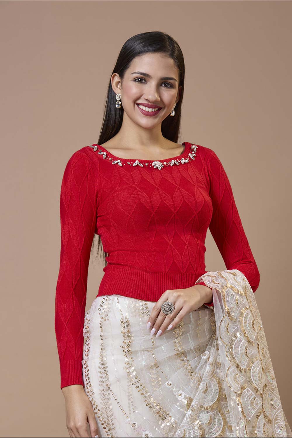 Red Wool Embroidered Round Neck Full Sleeves Blouse