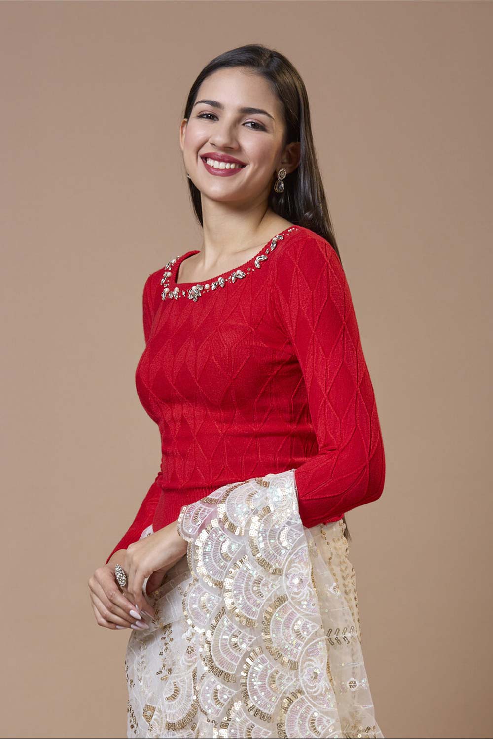 Red Wool Embroidered Round Neck Full Sleeves Blouse