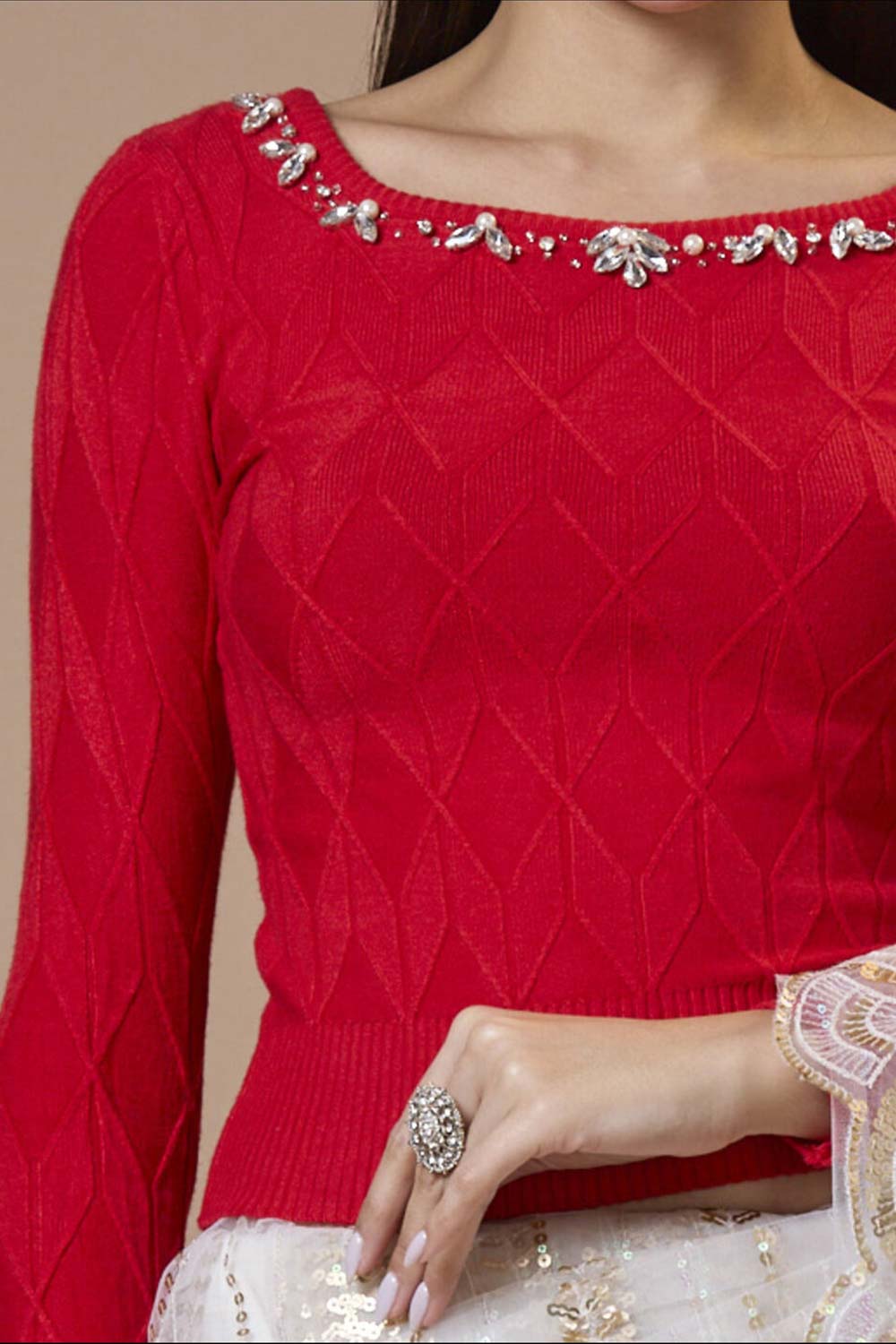 Red Wool Embroidered Round Neck Full Sleeves Blouse