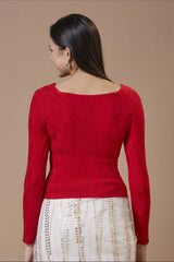 Red Wool Embroidered Round Neck Full Sleeves Blouse