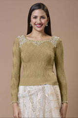 Beige Wool Embroidered Round Neck Full Sleeves Blouse