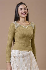 Beige Wool Embroidered Round Neck Full Sleeves Blouse