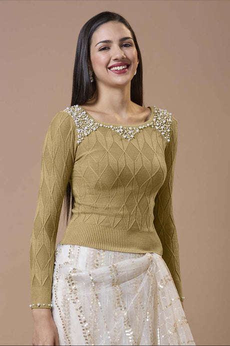 Beige Wool Embroidered Round Neck Full Sleeves Blouse