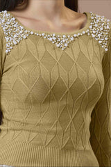 Beige Wool Embroidered Round Neck Full Sleeves Blouse