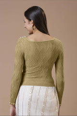 Beige Wool Embroidered Round Neck Full Sleeves Blouse