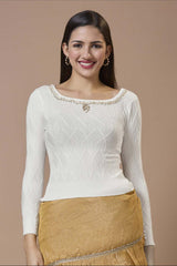 White Wool Embroidered Round Neck Full Sleeves Blouse