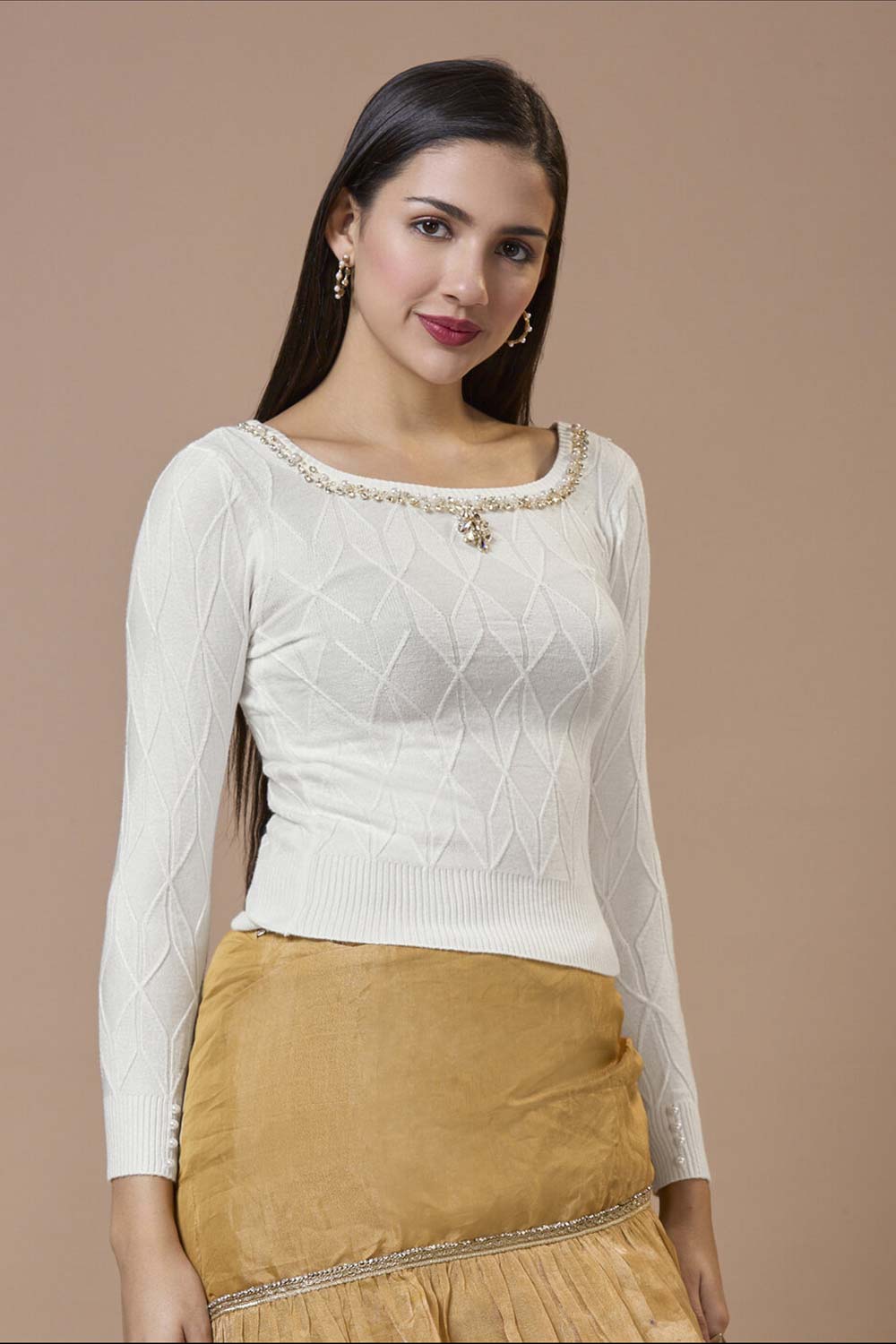 White Wool Embroidered Round Neck Full Sleeves Blouse