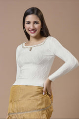 White Wool Embroidered Round Neck Full Sleeves Blouse