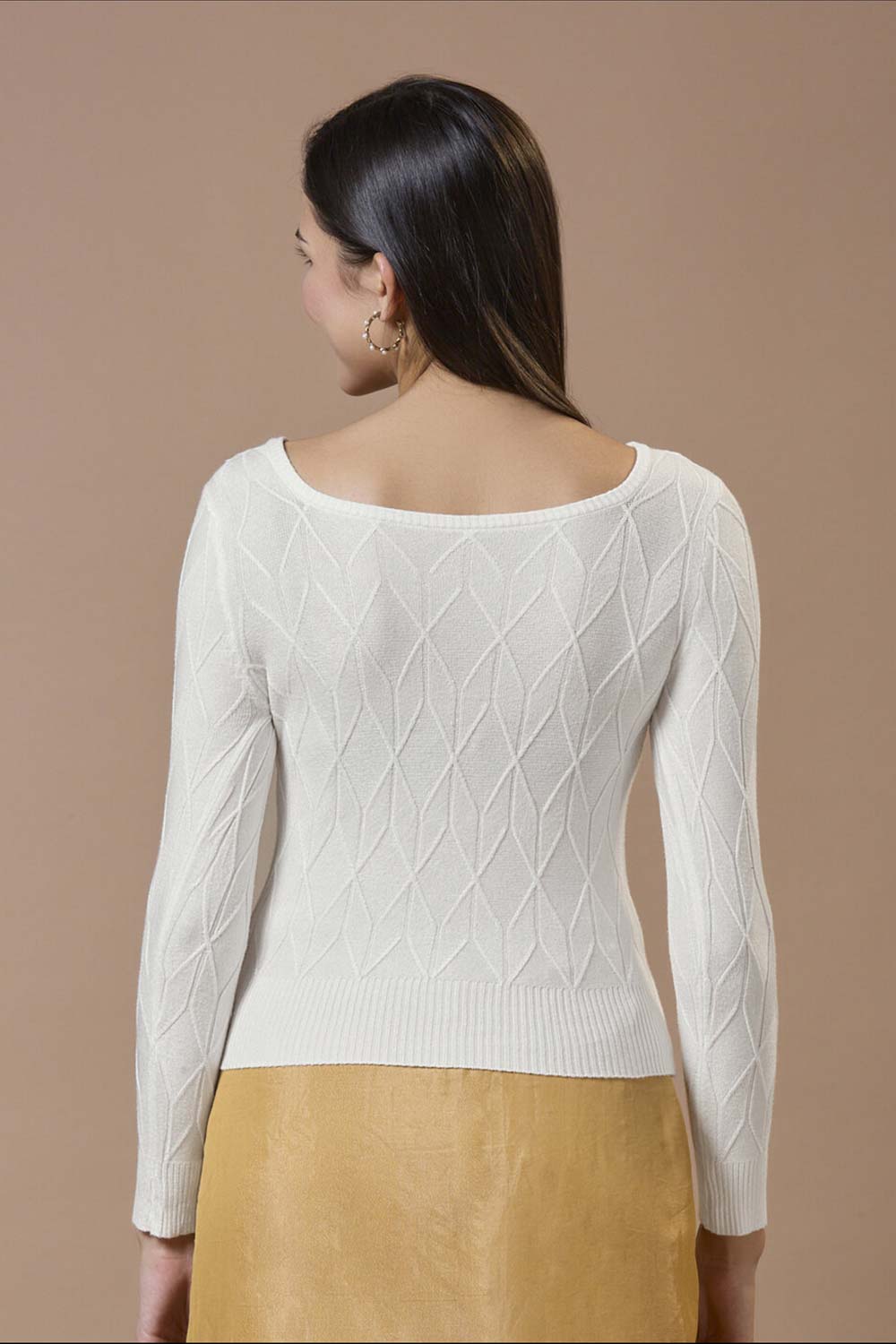 White Wool Embroidered Round Neck Full Sleeves Blouse