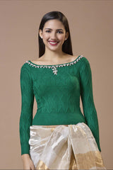 Green Wool Embroidered Round Neck Full Sleeves Blouse