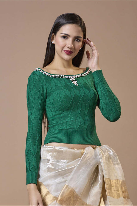 Green Wool Embroidered Round Neck Full Sleeves Blouse