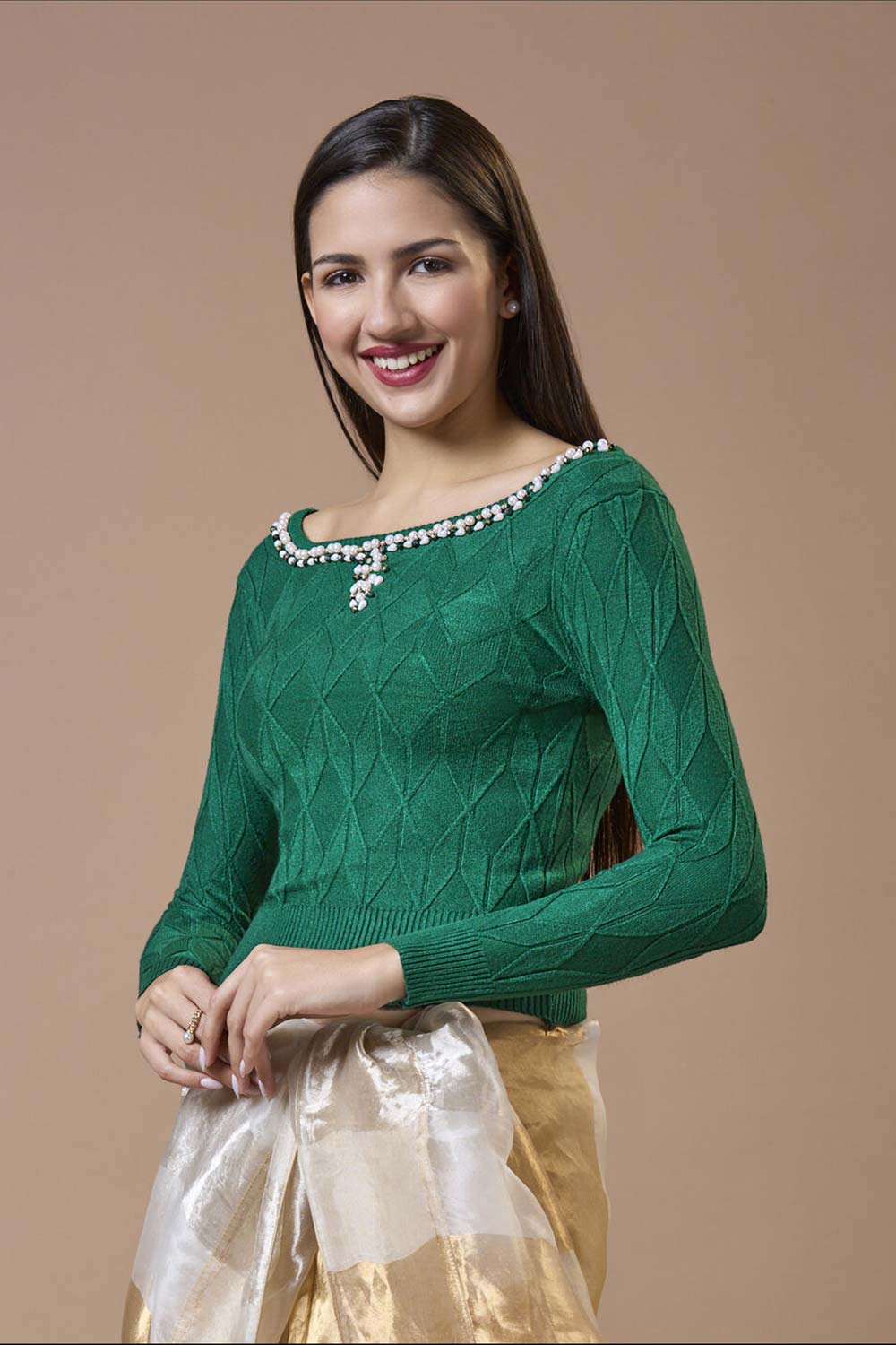 Green Wool Embroidered Round Neck Full Sleeves Blouse