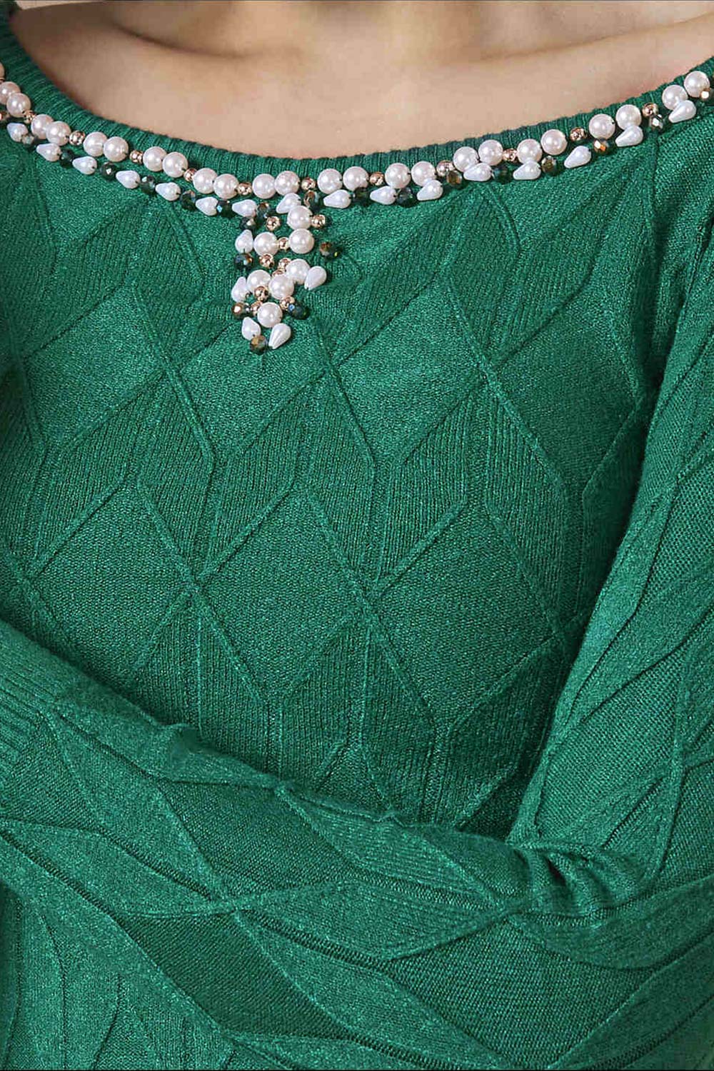 Green Wool Embroidered Round Neck Full Sleeves Blouse