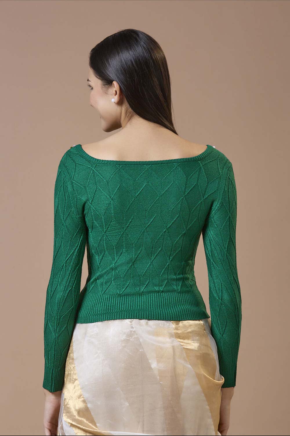 Green Wool Embroidered Round Neck Full Sleeves Blouse