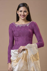 Purple Wool Embroidered Round Neck Full Sleeves Blouse