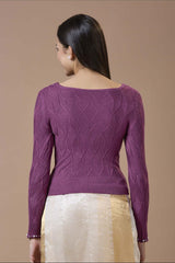 Purple Wool Embroidered Round Neck Full Sleeves Blouse