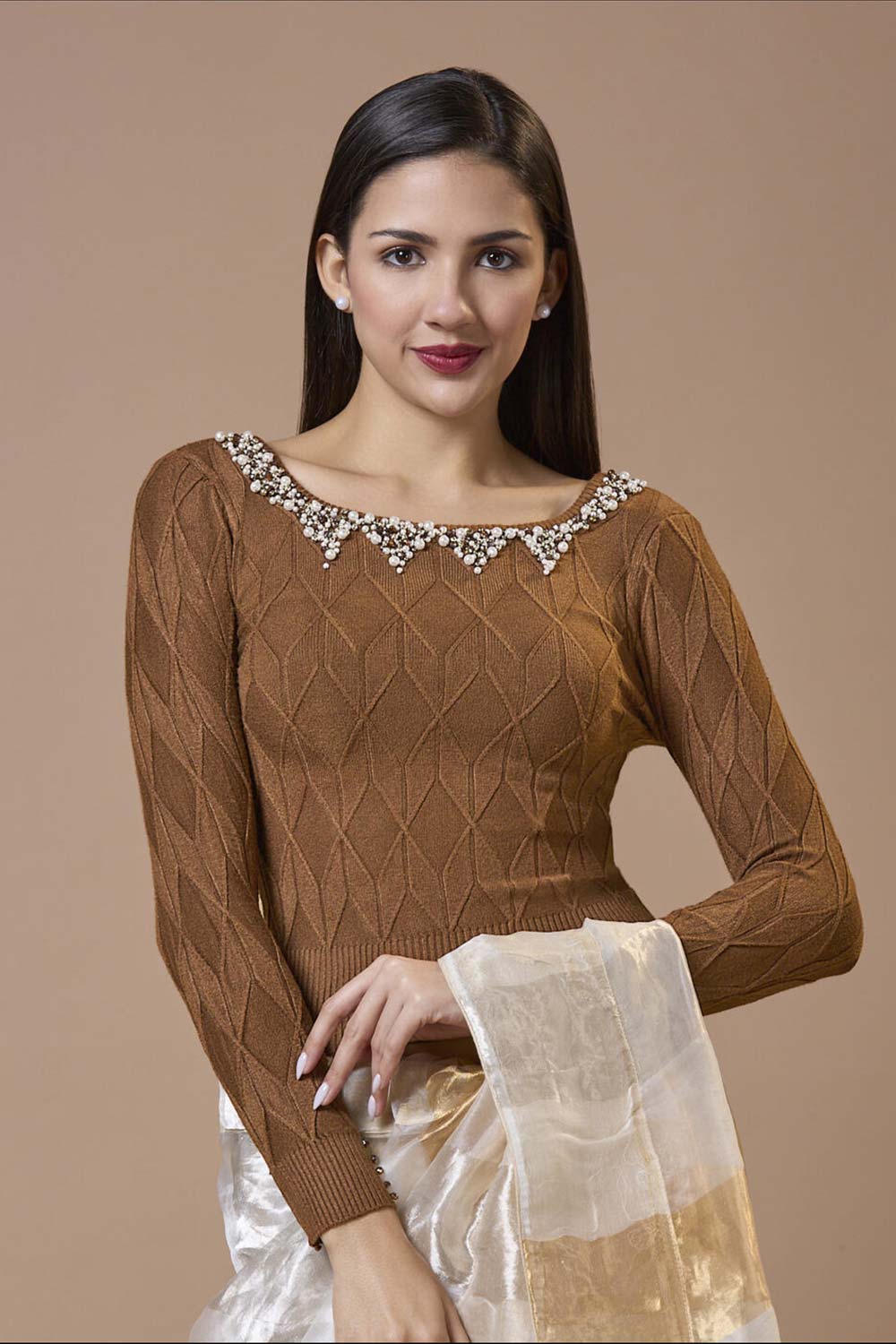 Brown Wool Embroidered Round Neck Full Sleeves Blouse