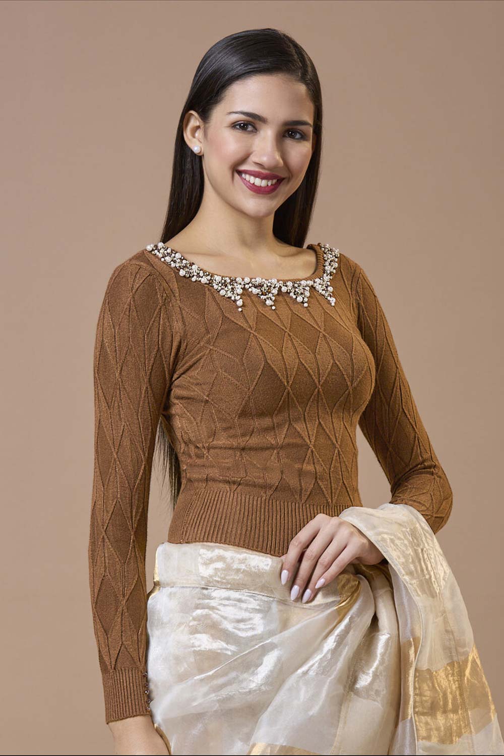 Brown Wool Embroidered Round Neck Full Sleeves Blouse