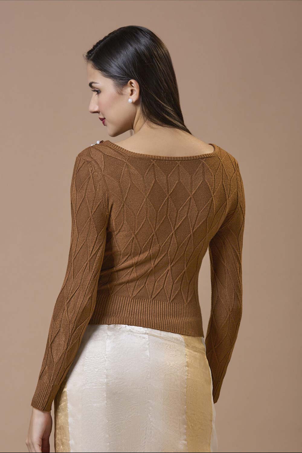 Brown Wool Embroidered Round Neck Full Sleeves Blouse