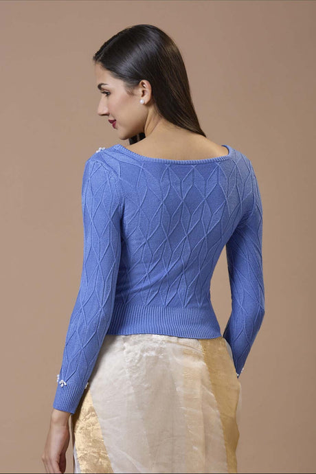 Blue Wool Embroidered Round Neck Full Sleeves Blouse