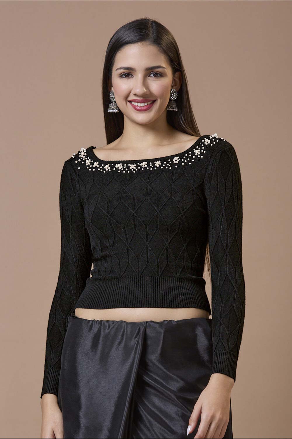 Black Wool Embroidered Round Neck Full Sleeves Blouse