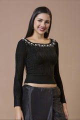 Black Wool Embroidered Round Neck Full Sleeves Blouse