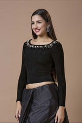 Black Wool Embroidered Round Neck Full Sleeves Blouse